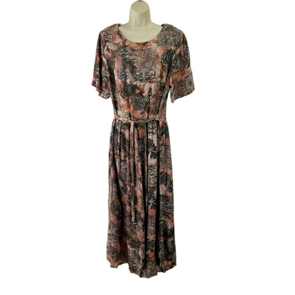 Vintage 80s Maxi Shirt Dress XL Koi Fish Sea Shells Beach Artsy Boho Crinkle - Picture 2 of 11